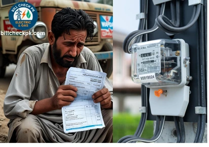 Pakistani man holding electricity bill with worried expression, next to WAPDA electric meter – BillCheckPK electricity and gas bill checking service