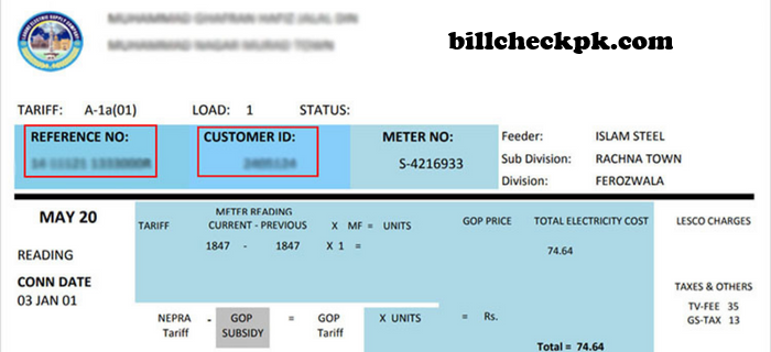 LESCO electricity bill reference number, customer ID, and meter number for online bill checking 