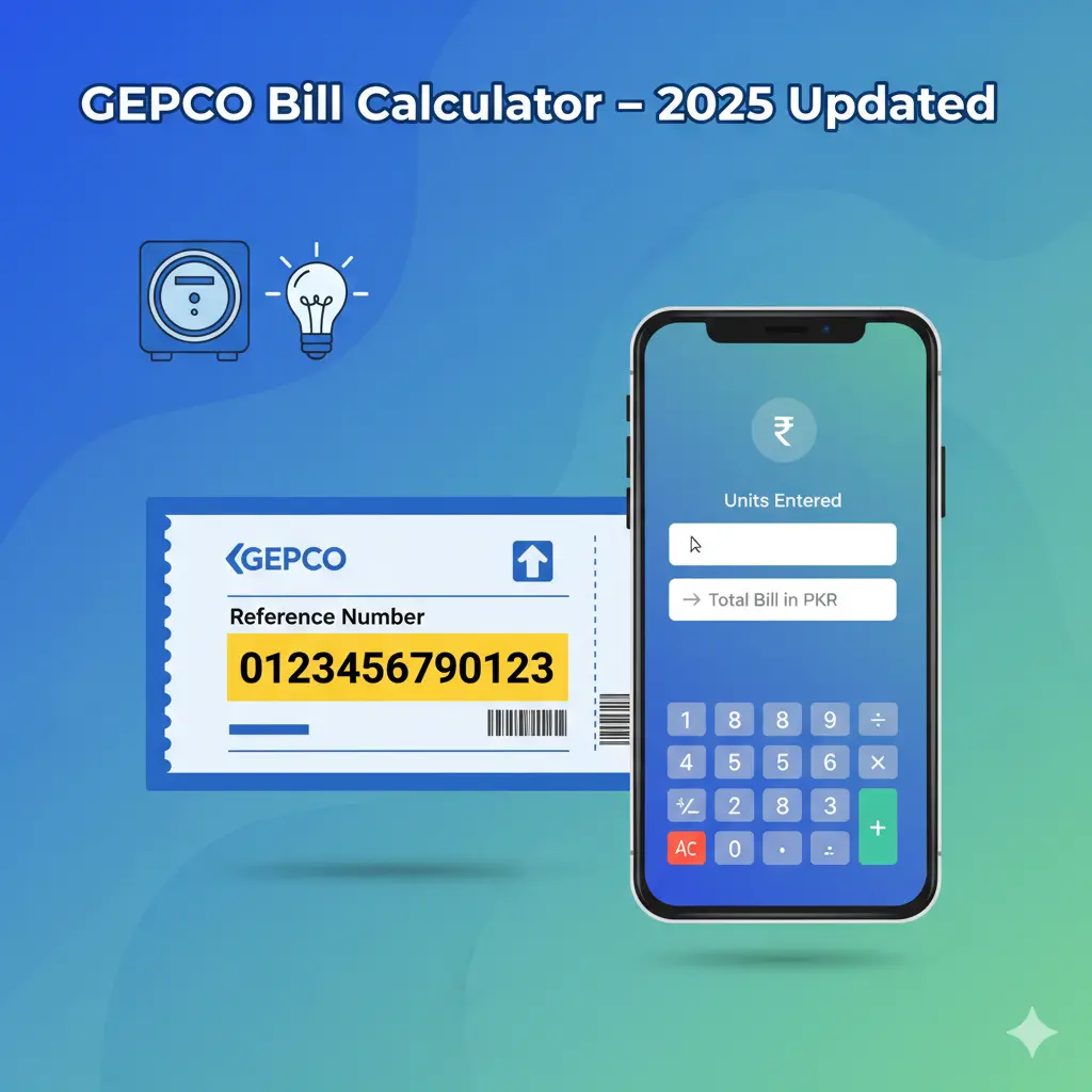 GEPCO bill calculator 2025 with units to bill conversion, reference number highlight, and electricity billing icons