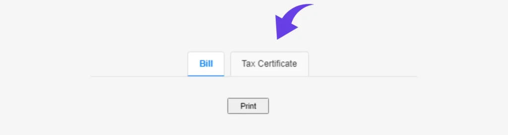 FESCO Online Bill Check | Download Duplicate Bill – Billcheckpk 3 Online portal interface showing “Bill” and “Tax Certificate” tabs with a print button.