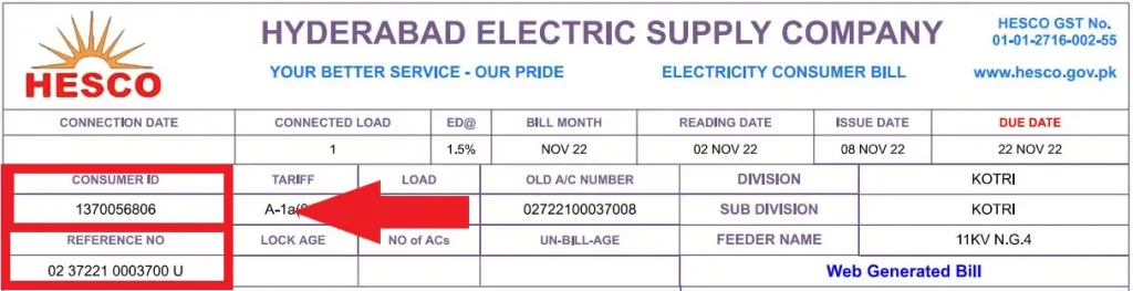 HESCO Online Bill Check | Download Duplicate Bill – Billcheckpk 1 HESCO electricity bill sample showing the exact location of the 14-digit Reference Number and Consumer ID used for online bill checking and downloading a duplicate bill.