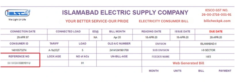 IESCO Online Bill 2026 – Check & Download Duplicate Bill 2 IESCO electricity bill sample with consumer ID, reference number, due date and billing details – check online bill at billcheckpk