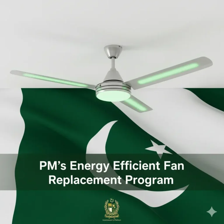 وزیراعظم کا توانائی بچت پنکھا ریپلیسمنٹ پروگرام 2 Energy-efficient ceiling fan with Pakistan flag background – PM’s Energy Efficient Fan Replacement Program