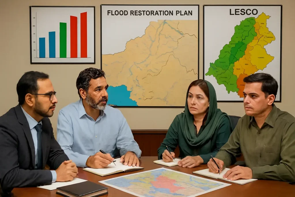 "LESCO officials at a meeting discussing flood restoration and safety measures for power restoration in flood-affected areas, with maps and data visualizations on display