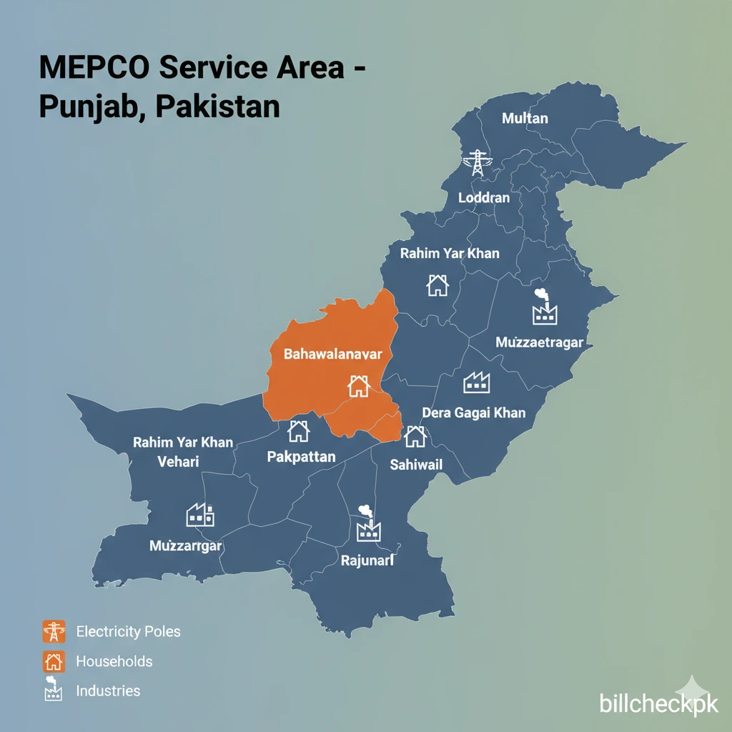 MEPCO Electricity Bill Check Online | Duplicate Bill – Billcheckpk 1 MEPCO service area map showing 13 districts of Punjab, Pakistan including Multan, Bahawalpur, Rahim Yar Khan, Vehari, Lodhran, Bahawalnagar, Pakpattan, Khanewal, Sahiwal, DG Khan, Rajanpur, Muzaffargarh, and Layyah – highlighted coverage by Billcheckpk.
