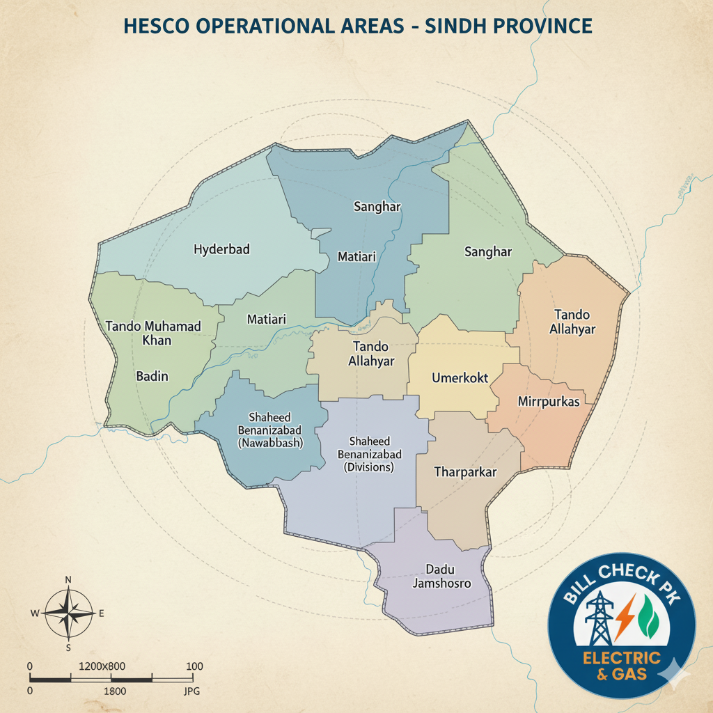 HESCO Online Bill Check | Download Duplicate Bill – Billcheckpk 3 HESCO operational map showing four main administrative circles in Sindh: Hyderabad Circle, Laar Circle, Nawabshah Circle, and Mirpurkhas Circle.