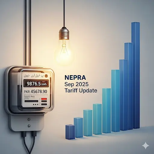 NEPRA Latest Tariff Update – September 2025 | LESCO Online Bill Guide 6 Pakistani electricity meter and glowing light bulb with rising bar graph showing NEPRA September 2025 tariff update