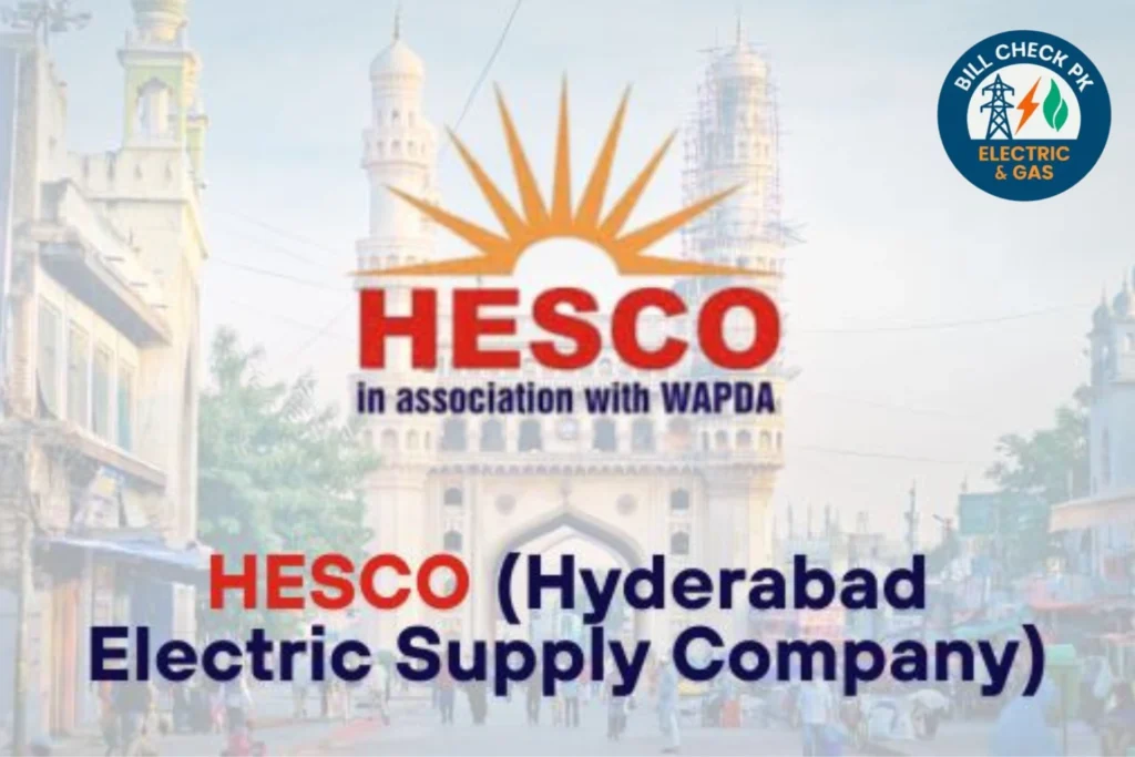 HESCO Online Bill Check | Download Duplicate Bill – Billcheckpk 2 HESCO (Hyderabad Electric Supply Company) logo over Sindh landmark, highlighting partnership with WAPDA and online bill check services.