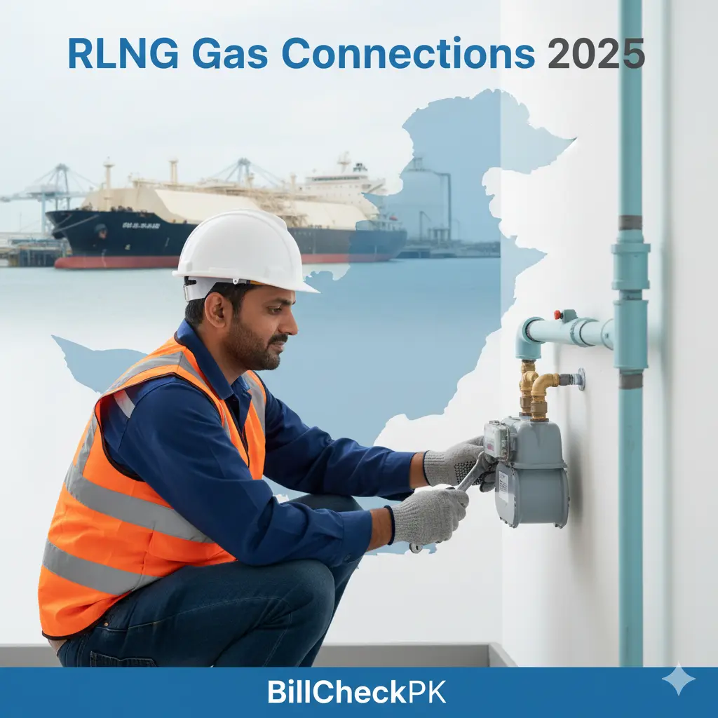 Technician installing RLNG gas meter in Pakistan with LNG terminal in background – BillCheckPK