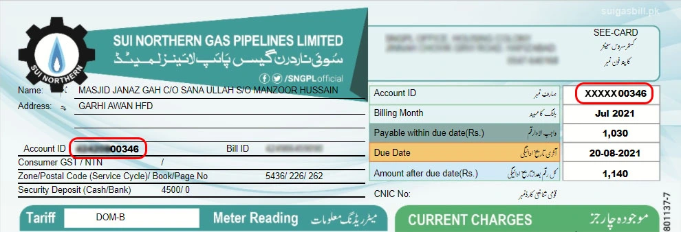 SNGPL gas bill account ID, due date, and payable amount