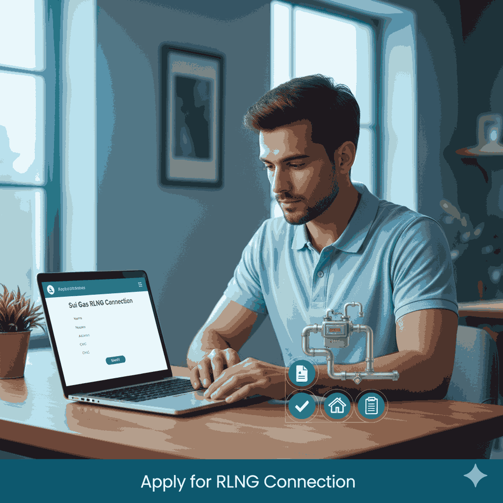 نیا Sui Gas کنکشن کیسے حاصل کریں؟ (RLNG Policy 2025) 1 Man applying for a Sui Gas RLNG connection online on a laptop